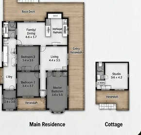 Wisteria floorplan — main residence and cottage